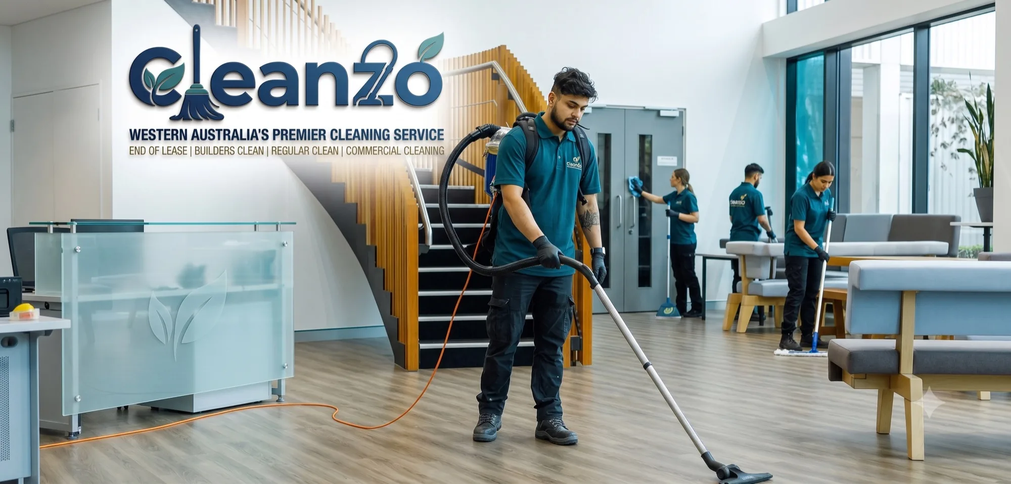 Cleanzo team cleaning a modern office foyer in Perth