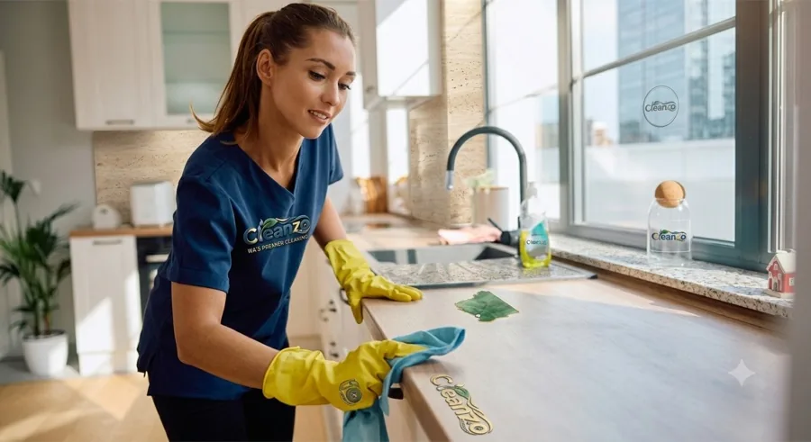 Cleanzo cleaner preparing a kitchen for the next short-stay guest
