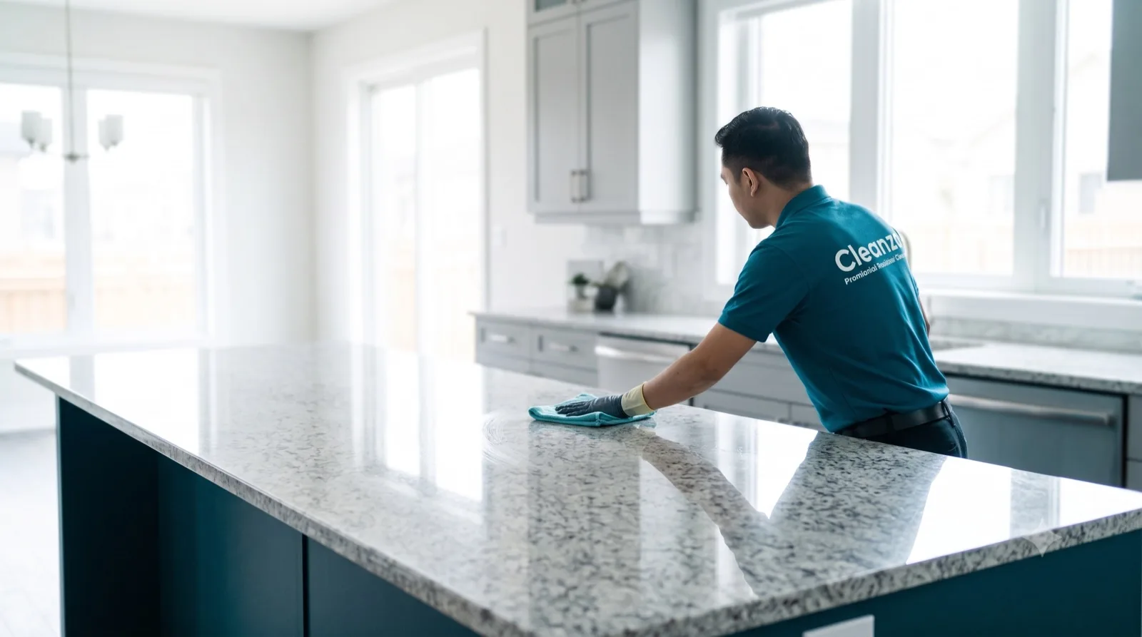 Cleanzo cleaner polishing benchtops in a newly completed build